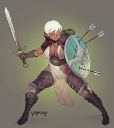 Rule 34 | 1girl, armor, arrow (projectile), backpack, bag, boots, breasts, chaps, chipped shield, chipped sword, cleavage, collar, commentary, commission, cracked shield, cracked sword, damaged shield, damaged sword, damaged weapon, dark-skinned female, dark skin, earrings, english commentary, fantasy, fighting stance, full body, gloves, greaves, highres, holding, holding sword, holding weapon, jewelry, knee boots, large breasts, making-of available, norasuko, o-ring, orange eyes, pauldrons, pelvic curtain, ramona (the prey), scar, shield, short hair, shoulder armor, solo, standing, sword, the prey (norasuko), very short hair, warrior, weapon, white hair