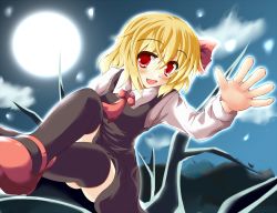 Rule 34 | 1girl, black thighhighs, blonde hair, embodiment of scarlet devil, fang, female focus, full moon, highres, hiiragi tomoka, mary janes, moon, outdoors, red eyes, rumia, shoes, short hair, sky, solo, thighhighs, touhou