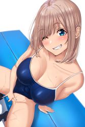 Rule 34 | 1girl, ;d, absurdres, bare shoulders, bench, black socks, blue eyes, blue nails, blue one-piece swimsuit, blush, bouhatei (t-back), breasts, cleavage, collarbone, competition school swimsuit, female masturbation, fingering, from above, grin, head tilt, highres, large breasts, looking at viewer, looking up, masturbation, nail polish, one-piece swimsuit, one eye closed, open mouth, original, panties, school swimsuit, short hair, simple background, sitting, smile, socks, solo, spread legs, swimsuit, teeth, underwear, wet, wet clothes, wet hair, wet panties, white background