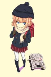 Rule 34 | 10s, 1girl, bad id, bad pixiv id, bag, beanie, black coat, black footwear, black hat, blonde hair, blue eyes, boots, brown gloves, buttons, cannon, coat, double-breasted, full body, girls und panzer, gloves, hairband, hat, highres, katyusha (girls und panzer), knee boots, long sleeves, looking to the side, military, military vehicle, miniature, motor vehicle, nanai, over shoulder, pantyhose, plaid, plaid skirt, pleated skirt, pom pom (clothes), red skirt, scarf, school bag, short hair, simple background, skirt, solo, star (symbol), tank, turret, vehicle, white pantyhose, white scarf, yellow background