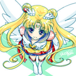 Rule 34 | 1girl, bishoujo senshi sailor moon, bishoujo senshi sailor moon sailor stars, bishoujo senshi sailor moon stars, blonde hair, blue eyes, blue sailor collar, boots, brooch, crescent, crescent facial mark, double bun, eternal sailor moon, facial mark, forehead mark, full body, hair bun, hair ornament, hairpin, heart, heart brooch, jewelry, knee boots, layered skirt, long hair, lowres, magical girl, perspective, sailor collar, sailor moon, shirataki kaiseki, signature, skirt, smile, solo, tsukino usagi, twintails, white footwear, white wings, wing brooch, wings