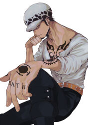 Rule 34 | 1boy, 2elu2, absurdres, arm tattoo, black hair, black pants, chest tattoo, collarbone, earrings, facial hair, finger tattoo, goatee, hand on own face, hand tattoo, hat, highres, jaguar print, jewelry, leg up, long sideburns, male focus, one piece, pants, shirt, short hair, sideburns, simple background, sitting, tattoo, trafalgar law, white background, white shirt