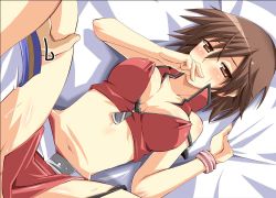 Rule 34 | 1girl, belt, blush, bracelet, breasts, brown eyes, brown hair, cleavage, jewelry, kaito (vocaloid), large breasts, meiko (vocaloid), midriff, pov, shin&#039;ya (nanp), short hair, solo focus, vocaloid