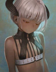 Rule 34 | 1girl, bare shoulders, breasts, closed mouth, clothing request, headgear, looking down, murata range, orange eyes, original, short hair, sleeveless, small breasts, solo, upper body, white hair