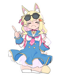 Rule 34 | &gt; &lt;, 1girl, animal ears, bell, blonde hair, blue sailor collar, blue skirt, blush stickers, breasts, center frills, colored inner hair, cropped legs, crying, detached sleeves, disgaea, eyewear on head, facing viewer, frills, frown, hair bell, hair ornament, hairclip, hand on own hip, hand up, high-waist skirt, highres, index finger raised, kokaki mumose, long hair, makai senki disgaea 7, medium breasts, miniskirt, multicolored hair, neck bell, neckerchief, pink hair, pink neckerchief, piririka (disgaea), pointy ears, round eyewear, sailor collar, short sleeves, shoulder strap, simple background, single sidelock, skirt, solo, sunglasses, tail, thigh gap, thighhighs, underbust, v-shaped eyebrows, wavy hair, white background, white thighhighs
