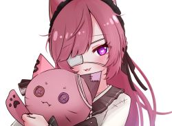 Rule 34 | :3, animal ears, arms up, bow hairband, button eyes, buttons, cat ears, close-up, eyepatch, fang, fang out, hairband, heart, heart-shaped pupils, heterochromia, holding, indie virtual youtuber, mikeneko (vtuber), mikeneko (vtuber) (1st costume), milk tea 1993, nail polish, patch, pon-chan (mikeneko), portrait, purple eyes, red eyes, school uniform, sidelocks, simple background, stuffed animal, stuffed cat, stuffed toy, symbol-shaped pupils, virtual youtuber, white background