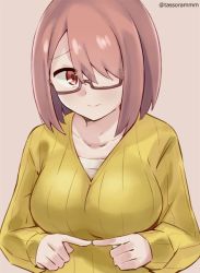 Rule 34 | 1girl, breasts, brown-framed eyewear, brown background, brown hair, closed mouth, collarbone, commentary request, fingers together, glasses, hair over one eye, hoshino miyako (wataten), index fingers together, long sleeves, looking at viewer, medium breasts, red eyes, ribbed sweater, semi-rimless eyewear, simple background, sleeves past wrists, smile, solo, sweater, tasora, twitter username, under-rim eyewear, upper body, watashi ni tenshi ga maiorita!, yellow sweater