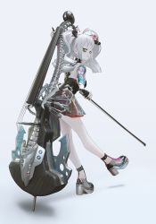 Rule 34 | 1girl, ahoge, arm up, black nails, boots, bow, bow (music), closed mouth, double bass, from side, full body, grey background, hair ornament, high heels, highres, holding, holding bow (ornament), holding instrument, instrument, legs, long hair, looking at viewer, makeup, nail polish, original, pale skin, pleated skirt, short hair, shoulder tattoo, silver hair, simple background, skirt, smile, solo, spine, standing, tattoo, transparent footwear, ttk (kirinottk), twintails, yellow eyes