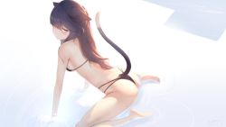 Rule 34 | 1girl, all fours, animal ears, ass, bare arms, bare shoulders, barefoot, bikini, black bikini, black hair, breasts, cat ears, cat girl, cat tail, from behind, futoshi ame, half-closed eyes, halterneck, highres, long hair, looking at viewer, looking back, medium breasts, multi-strapped bikini, original, purple eyes, solo, string bikini, swimsuit, tail, tail raised, thighs