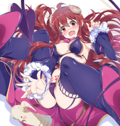 Rule 34 | 1girl, absurdres, ahoge, blush, boots, bow, breasts, brown eyes, brown hair, cameltoe, covered erect nipples, curled horns, demon girl, demon horns, demon tail, detached sleeves, fang, frilled sleeves, frills, garter straps, hair between eyes, highres, horns, large breasts, lilith (machikado mazoku), long hair, long sleeves, looking at viewer, machikado mazoku, navel, niko (tama), open mouth, pubic tattoo, red bow, simple background, solo, statue, tail, tattoo, tears, thigh boots, thighhighs, white background, yoshida yuuko (machikado mazoku)