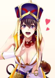 Rule 34 | 1girl, artist request, bead necklace, beads, bikini, bikini top only, blush, breasts, bridal gauntlets, brown hair, cleavage, downblouse, earrings, fate/grand order, fate (series), gourd, hair between eyes, hat, headdress, heart, highres, hoop earrings, japanese clothes, jewelry, kimono, large breasts, leaning forward, long hair, looking at viewer, necklace, o-ring, open mouth, prayer beads, purple eyes, short kimono, simple background, sleeveless, sleeveless kimono, smile, solo, swimsuit, white background, white bikini, xuangzang sanzang (fate)