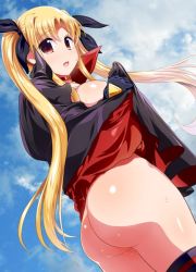 Rule 34 | 1girl, ass, black gloves, black thighhighs, blonde hair, breasts, brown eyes, cape, clothes lift, cloud, day, dutch angle, fate testarossa, gloves, hair ribbon, large breasts, lyrical nanoha, naked cape, no panties, open mouth, raidon, ribbon, sideboob, skirt, skirt lift, sky, solo, sweat, thighhighs, twintails