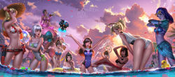 Rule 34 | 2girls, 6+girls, ^ ^, adapted costume, animal print, armpits, ass, backlighting, ball, bandeau, bare arms, beachball, bikini, bird, black bikini, blue bikini, blue one-piece swimsuit, blunt bangs, breasts, brown hat, cassidy (overwatch), casual one-piece swimsuit, cleavage, closed eyes, clothes writing, cloud, cloudy sky, colored skin, commentary, copyright name, covered navel, d.va (overwatch), dark-skinned female, dark skin, earrings, evening, eyewear on head, facial mark, floating, floral print, from below, genderswap, genderswap (mtf), genji (overwatch), glowing, hair tubes, hanzo (overwatch), hat, highres, hoop earrings, innertube, jewelry, liang xing, megaphone, mei (overwatch), meka (overwatch), mercy (overwatch), multiple girls, navel, one-piece swimsuit, outdoors, overwatch, overwatch 1, parasol, petals, petals on liquid, pharah (overwatch), ponytail, pool, pool ladder, purple skin, purple sky, rabbit print, red bikini, robot, rubber duck, sarong, sitting, skin tight, sky, snowball (overwatch), sombra (overwatch), splashing, standing, stomach, strapless, strapless one-piece swimsuit, sunglasses, swept bangs, swim ring, swimsuit, symmetra (overwatch), tattoo, thighs, tracer (overwatch), tree, umbrella, wading, watermark, web address, whisker markings, white one-piece swimsuit, widowmaker (overwatch), yellow one-piece swimsuit