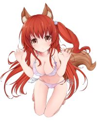 Rule 34 | &gt;:o, 1girl, :o, animal ears, bikini, breasts, brown eyes, character request, claw pose, cleavage, collarbone, colored eyelashes, colorized, commentary request, copyright request, female focus, full body, highres, kneeling, kou mashiro, large breasts, long hair, looking at viewer, pinako (3357633), purple bikini, red hair, side-tie bikini bottom, side ponytail, simple background, solo, swimsuit, tail, thigh gap, v-shaped eyebrows, very long hair, white background, wolf ears, wolf tail