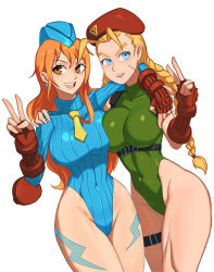 Rule 34 | 2girls, antenna hair, arm around shoulder, ass, bare legs, barleyshake, blonde hair, blue eyes, blue leotard, bodypaint, braid, breasts, brown eyes, cammy white, cammy white (cosplay), capcom, cosplay, covered navel, cowboy shot, crossover, curvy, earrings, fingerless gloves, forehead, from behind, gauntlets, gloves, green leotard, hat, highleg, highleg leotard, highres, huge ass, jewelry, large breasts, leotard, lips, long hair, long sleeves, multiple girls, nami (one piece), one piece, open mouth, orange hair, scar, shiny skin, simple background, sleeveless, smile, street fighter, teeth, thick thighs, thigh strap, thighs, thong leotard, twin braids, upper teeth only, v, very long hair, white background, wide hips