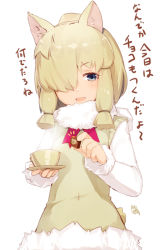 Rule 34 | 10s, 1girl, alpaca, alpaca ears, alpaca suri (kemono friends), alpaca tail, animal ears, artist name, blonde hair, blue eyes, bow, coffee cup, commentary request, cup, disposable cup, dress, fur trim, hair over one eye, japari symbol, kemono friends, long sleeves, looking at viewer, md5 mismatch, meth (emethmeth), open mouth, resolution mismatch, sidelocks, signature, skindentation, smile, solo, source larger, steam, tail, translation request, white background