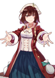 Rule 34 | 1girl, atelier (series), atelier sophie, blue dress, brown eyes, brown hair, choker, coat, corset, cowboy shot, dress, female focus, hat, looking at viewer, outstretched hand, ryuuno6, shirt, short hair, smile, solo, sophie neuenmuller, white background