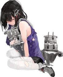 Rule 34 | 10s, 1girl, bare shoulders, black hair, black skirt, blush, bob (biyonbiyon), closed eyes, damaged, full body, haguro (kancolle), hair ornament, high heels, holding, kantai collection, long sleeves, lowres, machinery, military, military uniform, official art, pantyhose, pencil skirt, puffy long sleeves, puffy sleeves, red ribbon, ribbon, short hair, sitting, skirt, solo, tears, torn clothes, torn pantyhose, transparent background, turret, uniform, white pantyhose