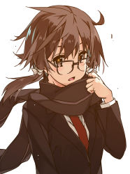 Rule 34 | 1girl, asada shino, blazer, brown eyes, brown hair, glasses, highres, jacket, long hair, looking at viewer, necktie, open mouth, scarf, shikei, simple background, solo, sword art online, upper body, white background