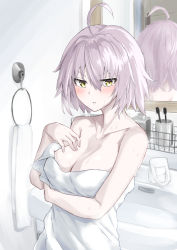 Rule 34 | 1girl, ahoge, bathroom, blush, breasts, cleavage, collarbone, fate/grand order, fate (series), hair between eyes, hand on own chest, highres, jeanne d&#039;arc (fate), jeanne d&#039;arc alter (avenger) (fate), jeanne d&#039;arc alter (fate), large breasts, looking at viewer, mirror, reflection, short hair, silver hair, sink, solo, toothbrush, towel, tsurime, upper body, user angs4274, wet, yellow eyes