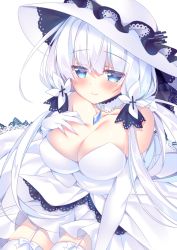 Rule 34 | 1girl, azur lane, bare shoulders, blue eyes, blush, breasts, cleavage, detached collar, dress, elbow gloves, garter straps, gloves, hair ornament, hand on own chest, hat, illustrious (azur lane), large breasts, long hair, looking at viewer, low twintails, mole, mole under eye, smile, solo, sorai shin&#039;ya, strapless, strapless dress, thighhighs, twintails, white background, white dress, white hair, white thighhighs