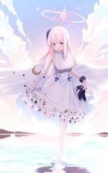 Rule 34 | 1girl, absurdres, angel wings, blue archive, blush, daran9, dress, flower, frilled dress, frills, full body, hair bun, hair flower, hair ornament, halo, highres, long hair, looking at viewer, low wings, medium dress, mika (blue archive), open mouth, outdoors, pink hair, pink halo, side up bun, single side bun, skirt hold, sky, sleeveless, sleeveless dress, smile, solo, very long hair, wading, white dress, wings, yellow eyes