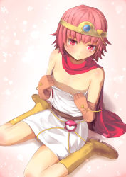 Rule 34 | 1girl, alternate costume, bare shoulders, blush, boots, brown gloves, cape, clothes pull, cosplay, culter, dragon quest, dragon quest iii, dress, dress pull, elbow gloves, eyeball, female focus, flat chest, gloves, highres, komeiji satori, looking at viewer, pink eyes, pink hair, pulled by self, sage (dq3), sage (dq3) (cosplay), sash, sitting, sleeveless, sleeveless dress, solo, sweat, third eye, tiara, touhou, wariza, white dress