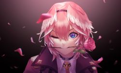 Rule 34 | 1girl, ;), aragiken, black choker, blue eyes, choker, closed mouth, collarbone, flower, flower in mouth, hair between eyes, head wings, highres, hololive, jacket, looking at viewer, mouth hold, one eye closed, petals, pink flower, pink hair, pink rose, portrait, red jacket, rose, short hair, smile, solo, takane lui, takane lui (1st costume), virtual youtuber, wings