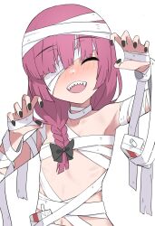 Rule 34 | 1girl, alcohol carton, alternate costume, armpits, bandage over one eye, bandages, black bow, black nails, blunt bangs, blush, bocchi the rock!, bow, braid, breasts, claw pose, commentary, facing viewer, fingernails, hair bow, hair over shoulder, halloween, halloween costume, halulu, highres, hiroi kikuri, long hair, mummy costume, nail polish, naked bandage, navel, one eye closed, one eye covered, open mouth, pink hair, sharp fingernails, sharp teeth, simple background, single braid, small breasts, smile, solo, teeth, upper body, white background