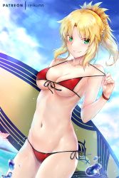 Rule 34 | 1girl, bare shoulders, bikini, bikini tug, blonde hair, blue sky, blush, braid, breasts, cleavage, cloud, collarbone, day, fate/grand order, fate (series), front-tie bikini top, front-tie top, green eyes, hair ornament, halterneck, holding, holding behind back, holding surfboard, long hair, looking at viewer, medium breasts, mordred (fate), mordred (fate/apocrypha), mordred (swimsuit rider) (first ascension) (fate), navel, outdoors, parted lips, patreon username, ponytail, red bikini, rei kun, scrunchie, side-tie bikini bottom, sidelocks, skindentation, sky, smile, solo, splashing, standing, stomach, string bikini, surfboard, swimsuit, water drop