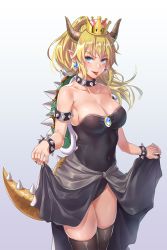 Rule 34 | 1girl, armlet, bare shoulders, black leotard, black thighhighs, blonde hair, blue eyes, bowsette, breasts, cleavage, collar, collarbone, covered navel, cowboy shot, crown, earrings, fangs, fingernails, gradient background, highres, horns, jewelry, large breasts, leotard, long hair, looking at viewer, mario (series), new super mario bros. u deluxe, nintendo, pointy ears, ponytail, sharp fingernails, sidelocks, skindentation, solo, spiked armlet, spiked collar, spiked shell, spikes, standing, super crown, tail, thighhighs, thighs, tight (ohmygod), tongue, tongue out