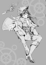 Rule 34 | 1girl, animal ears, belt, boots, breasts, center frills, cleavage, coat, coatlong hair, collared shirt, corset, frills, gears, greyscale, hair ornament, hairclip, hat, high heel boots, high heels, highres, horse ears, invisible chair, long sleeves, looking at viewer, mechanical bird, monochrome, mr. c.b. (umamusume), off shoulder, one eye closed, open mouth, outstretched arm, pants, pointing, shirt, sinnra art, sitting, small breasts, smile, solo, thigh strap, tricorne, umamusume