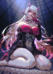 Rule 34 | 1girl, bare shoulders, breasts, cleavage, commission, detached sleeves, dutch angle, finger to mouth, gloves, gradient hair, head wings, highres, horns, kionaoki, kneeling, large breasts, legs, long hair, looking at viewer, multicolored hair, no shoes, original, pantyhose, pink eyes, pink gloves, slit pupils, solo, white hair, wings