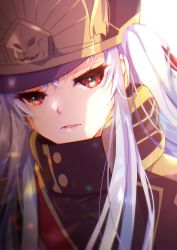 Rule 34 | 1girl, absurdres, altair (re:creators), hair between eyes, highres, long hair, military, military uniform, open mouth, portrait, re:creators, red eyes, satsuki (pixiv 742410), solo, uniform, white hair