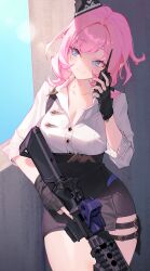 Rule 34 | 1girl, absurdres, alternate costume, ar-15, assault rifle, assault visor, black gloves, black headwear, black skirt, blue eyes, breasts, buttons, cleavage, closed mouth, collarbone, elysia (honkai impact), fingerless gloves, gloves, gun, highres, holding, holding walkie-talkie, holding weapon, honkai (series), honkai impact 3rd, large breasts, lilithmy, looking away, pink hair, pointy ears, rifle, shirt, skirt, sky, smile, solo, standing, thigh strap, trigger discipline, upper body, walkie-talkie, weapon, white shirt