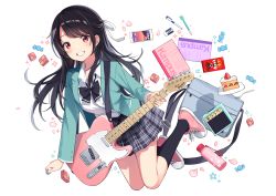 Rule 34 | 1girl, :d, absurdres, amplifier, black bow, black bowtie, black hair, blazer, blush, bottle, bow, bowtie, breasts, cake, candy, cellphone, electric guitar, eraser, fender telecaster, food, fork, guitar, hair ornament, hair ribbon, highres, holding, instrument, jacket, kneehighs, long hair, long sleeves, looking at viewer, notebook, open mouth, original, pen, phone, pleated skirt, pocky, red eyes, ribbon, school uniform, shirt, shoes, skirt, smile, socks, solo, swept bangs, teeth, uniform, water bottle, white ribbon, white shirt, yaruwashi