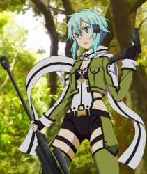 Rule 34 | 10s, 1girl, anti-materiel rifle, belt, black gloves, black shorts, blue eyes, blue hair, bolt action, breasts, cleavage, fingerless gloves, forest, glock, gloves, green eyes, green legwear, gun, handgun, holding hands, jacket, matching hair/eyes, nature, open clothes, open jacket, outdoors, pgm hecate ii, pistol, revealing clothes, rifle, rinkai (mamepika8492), scarf, short shorts, shorts, sinon, small breasts, sniper rifle, solo, sword art online, torn clothes, tree, weapon