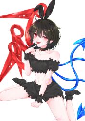 Rule 34 | 1girl, :d, absurdres, animal ears, asymmetrical wings, bare shoulders, black choker, black hair, blue wings, choker, collarbone, fake animal ears, finger to mouth, frills, hair between eyes, highres, houjuu nue, looking at viewer, midriff, miyuna, navel, open mouth, pointy ears, rabbit ears, red eyes, red nails, red wings, short sleeves, simple background, sitting, smile, solo, thighs, touhou, uneven eyes, wariza, white background, wings, wrist cuffs