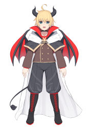 Rule 34 | 1boy, :d, ahoge, black capelet, black choker, black footwear, black pants, blonde hair, blue eyes, boots, brown jacket, capelet, choker, cloak, collarbone, commentary request, copyright request, cross-laced footwear, demon boy, demon horns, demon tail, demon wings, eyebrows hidden by hair, full body, hair between eyes, highres, horns, jacket, lace-up boots, looking at viewer, olive (laai), open mouth, pants, puffy pants, red wings, simple background, smile, solo, tail, virtual youtuber, white background, white cloak, wings