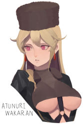 Rule 34 | 1girl, absurdres, black hat, blonde hair, breasts, cropped torso, earrings, fur hat, girls&#039; frontline, hat, highres, jewelry, kkkhosuke, large breasts, long hair, o-ring, papakha, parted lips, pink eyes, ptrd (girls&#039; frontline), romaji text, simple background, solo, underboob, upper body, white background