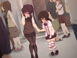 Rule 34 | 2boys, androgynous, blue eyes, blush, brothers, brown eyes, brown hair, cellphone, crossdressing, have to pee, highres, hinahara hajime, holding hands, loafers, multiple boys, outdoors, pantyhose, phone, pigeon-toed, public indecency, seiryoku-zai de seiyoku bohatsu!, shoes, siblings, skirt, striped legwear, sweater, sweater vest, thighhighs, trap, trembling, twintails, zettai ryouiki