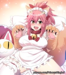 Rule 34 | 1girl, animal ear fluff, animal ears, animal hands, apron, bare shoulders, bell, blush, bow, breasts, cat hair ornament, cat paws, claws, collar, commentary request, fang, fate/grand order, fate (series), fox ears, fox tail, frills, gloves, gradient background, hair between eyes, hair bow, hair ornament, highres, hinghoi, jingle bell, large breasts, long hair, looking at viewer, lying, maid headdress, naked apron, neck bell, on back, on bed, open mouth, orange background, patreon username, paw gloves, pillow, pink hair, ponytail, red bow, revision, sidelocks, single thighhigh, slit pupils, smile, solo, spread legs, tail, tamamo (fate), tamamo cat (fate), tamamo cat (third ascension) (fate), thighhighs, thighs, watermark, web address, white thighhighs, yellow eyes