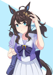 Rule 34 | 1girl, absurdres, ahoge, animal ears, blue eyes, blush, breasts, commentary request, daring tact (umamusume), hair between eyes, hair ornament, highres, horse ears, horse girl, horse tail, medium breasts, medium hair, open mouth, school uniform, shiroiji (shirage omo cr), simple background, solo, tail, tracen school uniform, umamusume