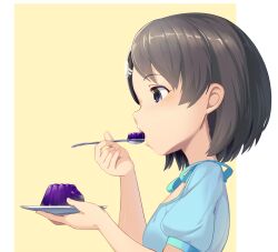 Rule 34 | 1girl, black eyes, black hair, blue shirt, breasts, commentary, eating, from side, gelatin, hair ornament, hairclip, hands up, holding, holding plate, holding spoon, idolmaster, idolmaster cinderella girls, idolmaster cinderella girls starlight stage, looking at another, open mouth, plate, sasaki chie, shirt, short hair, short sleeves, simple background, small breasts, solo, spoon, upper body, yellow background, yoshika (music480069)