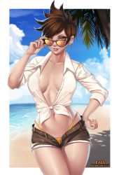 Rule 34 | 1girl, beach, border, breasts, brown eyes, brown hair, cloud, cloudy sky, collared shirt, commentary, cowboy shot, day, ear piercing, exlic, front-tie top, highleg, highleg panties, highres, large breasts, long sleeves, navel, no bra, ocean, open clothes, open fly, open shirt, overwatch, overwatch 1, palm tree, panties, piercing, pink lips, shirt, short shorts, shorts, sky, solo, spiked hair, sunglasses, swept bangs, tracer (overwatch), tree, underwear, white border, white shirt, yellow panties