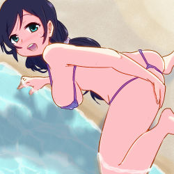 Rule 34 | 10s, 1girl, all fours, artist request, ass, beach, bikini, blush, breasts, covered erect nipples, green eyes, hair ornament, hair scrunchie, hand on ass, hanging breasts, large breasts, long hair, love live!, love live! school idol project, ocean, open mouth, outdoors, partially submerged, purple bikini, purple hair, sand, scrunchie, shadow, smile, solo, sweat, swimsuit, tojo nozomi, twintails, water