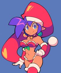Rule 34 | 1girl, alternate costume, bacun, blue eyes, breasts, cleavage, closed mouth, dark-skinned female, dark skin, earrings, gloves, hat, highres, jewelry, large breasts, looking at viewer, navel, pointy ears, purple hair, red hat, red thighhighs, santa costume, shantae, shantae (series), smile, solo, thighhighs, white gloves