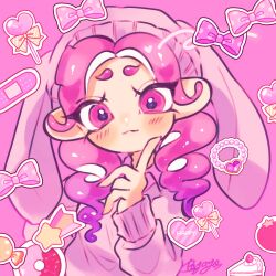 Rule 34 | 1girl, absurdres, bandaid, bow, cake, candy, closed mouth, commentary, drill hair, english text, eyelashes, finger to own chin, food, heart, highres, lollipop, long hair, medal, nintendo, octoling, octoling girl, octoling player character, payayo884, pink background, pink bow, pink eyes, pink hair, pink headwear, pink shirt, shirt, signature, splatoon (series), star (symbol), strawberry shortcake, symbol-only commentary, twin drills, upper body