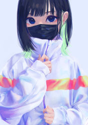 Rule 34 | 1girl, absurdres, black hair, black mask, blue eyes, blunt bangs, colored inner hair, commentary, ear piercing, eyebrows hidden by hair, green hair, hand up, highres, huge filesize, jacket, looking at viewer, mask, medium hair, mouth mask, multicolored hair, original, piercing, ritao kamo, solo, symbol-only commentary, track jacket, turtleneck, upper body, white jacket, zipper