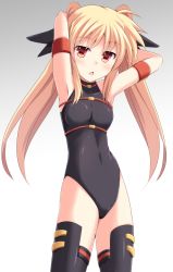 Rule 34 | 1girl, arm strap, armpits, arms up, black thighhighs, blonde hair, cowboy shot, cross (crossryou), fate testarossa, fate testarossa (movie 1st form), leotard, long hair, looking at viewer, lyrical nanoha, open mouth, red eyes, simple background, solo, standing, thighhighs, twintails